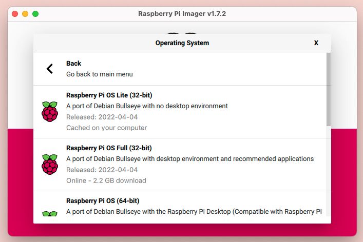 raspberry pi OS selection